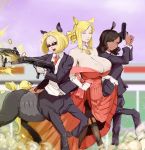  animal_ears black_hair black_jacket blonde_hair bodyguard breasts centaur cleavage closed_eyes collared_shirt commentary dark_skin dress english_commentary firing formal gun handgun highres holding holding_gun holding_weapon horse_ears huge_breasts jacket jewelry looking_at_viewer materclaws monster_girl multiple_girls necklace open_mouth original pants pistol pleated_dress red_dress shirt short_hair skirt_hold standing submachine_gun sunglasses tail weapon wing_collar yellow_eyes 