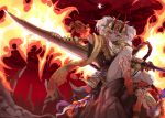  1girl blonde_hair burning claws fate/grand_order fate_(series) feet female fire flame grinhi_guma holding_sword holding_weapon horns ibaraki_douji_(fate/grand_order) kimono legs long_hair looking_at_viewer monster_girl oni oni_horns short_kimono sitting solo sword toenails toes wafuku weapon yellow_eyes yellow_kimono 