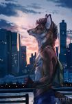  5_fingers anthro backpack canine city clothed clothing day detailed_background digital_media_(artwork) fox heyriel male mammal outside sky solo topless 