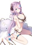  bikini blue_eyes blush breasts cleavage draph frills full_body granblue_fantasy hair_ornament hair_over_one_eye hairclip highres horns large_breasts lavender_hair long_hair looking_at_viewer low_tied_hair narmaya_(granblue_fantasy) navel pointy_ears sandals showgirl_skirt side-tie_bikini sitting smile solo stomach swimsuit toes wariza white_background yukarite 