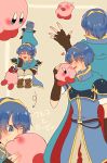  armor blue_hair blush fire_emblem fire_emblem:_monshou_no_nazo food gloves kirby kirby_(series) male_focus marth maxim_tomato short_hair smile super_smash_bros. tiara torasan 