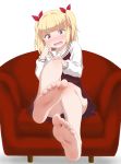  apita_(apitaro) blonde_hair blush commentary_request double_horizontal_stripe feet hair_ornament hair_ribbon highres iijima_yun looking_at_viewer new_game! open_mouth panties pink_panties pov_feet red_eyes ribbon simple_background skirt soles solo underwear upskirt white_background 