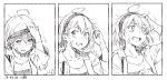  2018 3koma ahoge alternate_costume arm_up artist_name bandaid_on_cheek blush breasts collarbone comic crying crying_with_eyes_open dated eyebrows_visible_through_hair greyscale hair_between_eyes hairband jacket kantai_collection kawashina_(momen_silicon) monochrome oboro_(kantai_collection) open_mouth round_teeth scratching_head shirt short_hair sweat t-shirt tears teeth upper_body white_background 