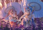  :o absurdres ahoge azur_lane bangs bare_shoulders bare_tree blue_eyes blue_hair blue_kimono blue_umbrella blurry blurry_background blurry_foreground blush breasts breath cleavage collarbone commentary_request daitai_sotogawa_(futomomo) depth_of_field detached_sleeves eyebrows_visible_through_hair flower fur-trimmed_sleeves fur_trim hair_between_eyes hair_ornament highres holding holding_umbrella horns ikazuchi_(azur_lane) inazuma_(azur_lane) japanese_clothes kimono long_hair long_sleeves medium_breasts multiple_girls obi oriental_umbrella outdoors parted_lips pink_hair pink_umbrella ponytail purple_flower red_eyes red_kimono sash sidelocks sunset transparent transparent_umbrella tree umbrella very_long_hair wide_sleeves 