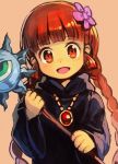  :d bangs black_dress blunt_bangs dress eyebrows_visible_through_hair flower hair_flower hair_ornament hankuri holding jewelry kukuri long_hair long_sleeves looking_at_viewer mahoujin_guruguru necklace open_mouth orange_background red_eyes red_hair simple_background smile solo upper_body wide_sleeves 