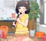  1girl bangs black_hair blinds blurry blurry_background blush brown_eyes brown_skirt chair collarbone commentary_request cowboy_shot day depth_of_field eyebrows_visible_through_hair hair_bobbles hair_ornament holding holding_instrument idolmaster idolmaster_million_live! idolmaster_million_live!_theater_days indoors instrument joutarou layered_skirt long_hair looking_at_viewer nakatani_iku one_eye_closed one_side_up panties panty_peek parted_lips plant potted_plant recorder saliva saliva_trail shirt short_sleeves skirt solo sweat tongue tongue_out tree underwear upper_teeth white_panties window yellow_shirt 
