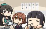  =_= bangs beret black_gloves black_hair black_serafuku blunt_bangs bowl braid brown_hair choukai_(kantai_collection) commentary cowboy_shot drinking_straw glasses gloves hair_ornament hair_over_shoulder hairband hamu_koutarou hand_on_own_face hat highres juice_box kantai_collection kitakami_(kantai_collection) long_hair midriff multiple_girls neckerchief pleated_skirt red_eyes red_hairband red_neckwear remodel_(kantai_collection) rimless_eyewear school_uniform serafuku shiratsuyu_(kantai_collection) short_hair single_braid sipping skirt spoon translated white_skirt 