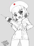  :d alternate_costume artist_name bangs commentary_request cowboy_shot dated dress eyebrows_visible_through_hair fang fujimaru_arikui girls_und_panzer greyscale hat holding holding_syringe katyusha large_syringe long_sleeves looking_at_viewer microdress monochrome nurse nurse_cap open_mouth oversized_object short_hair signature sitting smile solo spot_color star syringe v-shaped_eyebrows 