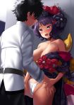  1girl :d against_wall areola_slip areolae ass_visible_through_thighs bare_shoulders black_eyes black_hair black_kimono blush breasts chaldea_uniform cleavage collarbone convenient_arm faceless faceless_male fate/grand_order fate_(series) flower fujimaru_ritsuka_(male) fundoshi hair_flower hair_ornament hairpin highres hitotsuki_nebura holding_hands japanese_clothes katsushika_hokusai_(fate/grand_order) kimono large_breasts off_shoulder open_mouth short_hair smile sweat wall 
