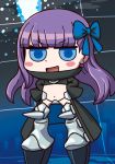  april_fools armored_boots blue_bow blue_eyes blush_stickers boots bow chibi crotch_plate fate/grand_order fate_(series) hair_bow hands_on_hips long_hair meltlilith official_art purple_hair revealing_clothes riyo_(lyomsnpmp) solo very_long_hair 