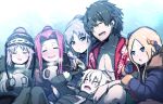  5girls :d abigail_williams_(fate/grand_order) absurdres arm_hug bad_id bad_twitter_id bandaged_arm bandaged_hands bandages bangs black_bow black_gloves black_hair black_jacket black_pants blonde_hair blue_eyes blue_gloves blue_jacket blush bow brown_gloves brown_jacket caster_lily closed_eyes closed_mouth collarbone commentary_request cup eyebrows_visible_through_hair fang fate/grand_order fate_(series) frilled_hairband frills fujimaru_ritsuka_(male) fur-trimmed_jacket fur-trimmed_sleeves fur_trim gloves hair_between_eyes hair_bow hairband hawaiian_shirt highres holding holding_cup jack_the_ripper_(fate/apocrypha) jacket long_hair lying medusa_(lancer)_(fate) mug multiple_girls nose_blush on_back open_clothes open_mouth open_shirt orange_bow outdoors pants parted_bangs parted_lips pointy_ears purple_hair red_shirt ribbon-trimmed_hairband ribbon_trim rider scar scar_across_eye shirt silver_hair smile snowing steam stheno wada_kazu white_gloves white_jacket 