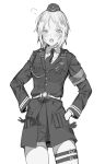  :o bad_id bad_twitter_id blush contrapposto cowboy_shot garrison_cap girls_frontline gloves greyscale hands_on_hips hat highres military military_uniform monochrome mp40_(girls_frontline) necktie osu5i short_hair solo standing thigh_strap uniform white_background 