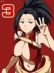  arm_at_side armpits artist_name belt big_hair black_eyes black_hair blush boku_no_hero_academia breasts cafekun center_opening cleavage clenched_hand closed_mouth countdown cowboy_shot embarrassed half-closed_eyes hand_up high_ponytail hips large_breasts leaning_forward leotard light_smile looking_at_viewer loose_belt medium_hair middle_w navel number ponytail raised_eyebrows red_background red_leotard signature smile solo standing white_background wide_ponytail yaoyorozu_momo 