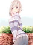  :o arched_back bangs blue_eyes blush commentary_request crossed_bangs day from_side grey_skirt highres looking_at_viewer manatsuki_manata original outdoors sidelocks silver_hair skirt sleeves_past_wrists solo striped striped_sweater sweater tareme teeth 