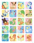  bird black_eyes blush_stickers brown_eyes bulbasaur charmander chespin chikorita chimchar closed_mouth commentary_request creature cyndaquil eevee fennekin fiery_tail fire froakie gen_1_pokemon gen_2_pokemon gen_3_pokemon gen_4_pokemon gen_5_pokemon gen_6_pokemon happy highres lai_(pixiv1814979) looking_at_viewer mudkip multicolored multicolored_background no_humans open_mouth orange_eyes oshawott pikachu piplup pokemon pokemon_(creature) red_eyes sharp_teeth smile snivy squirtle tail teeth tepig torchic totodile treecko turtwig waving yellow_eyes 