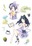  absurdres bangs barefoot black_bow black_ribbon blue_hair blueberry blush book bow candy cat_ear_headphones closed_eyes dress eraser food fruit green_scarf hair_dryer hair_ornament hairband headphones highres holding holding_book leg_ribbon long_hair mechanical_pencil multiple_views open_book original pencil plant potted_plant purple_bow purple_dress purple_hairband ribbon scarf scrunchie_removed simple_background towel white_background yuzhi 