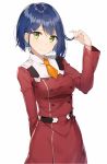  arm_up bangs blue_hair blush breasts closed_mouth commentary_request cosplay darling_in_the_franxx dress eyebrows_visible_through_hair fingernails green_eyes ichigo_(darling_in_the_franxx) long_sleeves looking_at_viewer md5_mismatch medium_breasts military military_uniform necktie orange_neckwear red_dress rikoma short_hair short_necktie simple_background smile solo uniform white_background zero_two_(darling_in_the_franxx) zero_two_(darling_in_the_franxx)_(cosplay) 