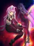  breasts commentary_request cosplay hal-py macross macross_delta md5_mismatch medium_breasts mikumo_guynemer mirage_farina_jenius mirage_farina_jenius_(cosplay) multicolored_hair pilot_suit pose purple_hair red_eyes skin_tight two-tone_hair 