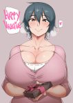  blue_hair blush box breasts cleavage commentary english english_commentary gift gift_box grey_eyes heart heart-shaped_box highres holding holding_gift huge_breasts looking_at_viewer mature natedecock natsumi_(ndc) original short_hair solo spoken_heart sweat valentine 