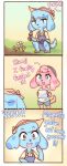  2018 absurd_res anthro blue&#039;s_clues blue_(blue&#039;s_clues) blue_eyes canine clothed clothing comic dialogue digital_media_(artwork) dog drawing duo english_text female flower hat hi_res magenta_(blue&#039;s_clues) mammal open_mouth open_smile overalls pink_eyes plant raikissu smile spots text 