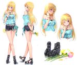  ;) alice_gear_aegis bare_shoulders black_footwear blonde_hair blush closed_mouth commentary_request criss-cross_halter crossed_legs cutoffs finger_to_mouth flower full_body grin hair_tousle halterneck hand_up holding holding_flower index_finger_raised legs long_hair looking_at_viewer multiple_views no_socks one_eye_closed shirt shoes short_shorts shorts shushing smile standing striped striped_shirt swordsouls teeth virginia_glynnberets white_background 
