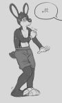  2013 5_fingers anthro blush clothed clothing digital_drawing_(artwork) digital_media_(artwork) flir flir_(toon_rabbit) floebean fur gloves greyscale hi_res hypnosis lagomorph long_ears male mammal mind_control monochrome offscreen_character old_toon rabbit simple_background solo sound_effects spiral spiral_eyes standing suspenders sweat teeth text toes toony topless 