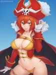 belt blue_eyes breasts cape cleavage collarbone eyebrows_visible_through_hair frilled_sleeves frills gloves grin hat highres lalaco_godspeed large_breasts life_fiber lips long_sleeves looking_at_viewer navel parted_lips pirate pirate_hat pouch red_hair revealing_clothes short_hair skull_and_crossbones smile solo thigh_pouch thigh_strap uchuu_patrol_luluco unsomnus white_gloves 