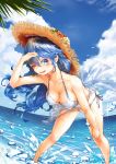  ;d ass_visible_through_thighs bikini bird blue_eyes blue_hair blue_sky blush breasts cleavage cloud colored_eyelashes covered_nipples day hat highres large_breasts leaning_forward long_hair one_eye_closed open_mouth original sarong seagull shading_eyes sky smile splashing strap_gap straw_hat swimsuit wading wei_yu 