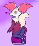  &lt;3 anthro blue-rum blush butt canine chair claws delphox fangs female fluffy fluffy_tail looking_back mammal nintendo nude paws pok&eacute;mon pok&eacute;mon_(species) rear_view solo tongue video_games watermark 