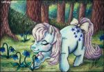  ass_up blue_belle_(mlp) blue_fur bush_(disambiguation) detailed_background earth_pony equine eyes_closed female feral flower forest fur green_fur grey_hair hair horse lolliangel00 mammal my_little_pony outside plant pony smelling solo tree white_hair 