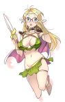  blonde_hair blue_eyes blush breasts cape commentary copyright_request glasses large_breasts long_hair nishieda open_mouth pointy_ears shoulder_pads sword weapon 