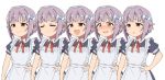  apron blush bow brown_eyes closed_eyes commentary_request esse expressions frills hair_bow hair_intakes hair_ornament hairband hairclip heart idolmaster idolmaster_cinderella_girls koshimizu_sachiko lavender_hair maid maid_apron neck_ribbon open_mouth puffy_short_sleeves puffy_sleeves purple_hair red_ribbon ribbon short_hair short_sleeves smile sweatdrop wavy_mouth 