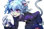  :p androgynous animal_ears bent_over blue_hair cat_ears cat_tail claws hair_between_eyes hankuri hunter_x_hunter jacket leaning_forward long_sleeves neferpitou purple_hair purple_jacket red_eyes short_hair simple_background smile tail tongue tongue_out white_background wing_collar 