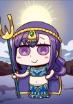  :&gt; april_fools blush_stickers chibi cloud fate/grand_order fate_(series) hand_on_hip holding holding_weapon matou_sakura midriff navel official_art parvati_(fate/grand_order) polearm puffy_short_sleeves puffy_sleeves purple_eyes purple_hair riyo_(lyomsnpmp) short_sleeves solo star sun trident weapon 