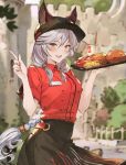  animal_ears braid commentary_request derivative_work ears_through_headwear erune food granblue_fantasy heles jpeg_artifacts mcdonald's shiropana silver_hair solo third-party_edit v waitress 