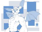  2017 abs anthro armpit_hair bat biceps blue_and_white chest_tuft clothed clothing digital_drawing_(artwork) digital_media_(artwork) fangs fur inner_ear_fluff looking_at_viewer male mammal membranous_wings monochrome muscular nipples pecs sarbat sarbat_(artist) smile topless triceps tuft wings 