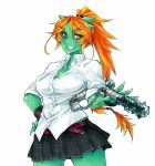 bangs black_skirt breasts cleavage collared_shirt contrapposto dress_shirt eyebrows_visible_through_hair green_eyes green_skin grin holding holding_weapon horns large_breasts long_hair multicolored_hair oni orange_hair original parted_bangs pleated_skirt ponytail school_uniform shirt simple_background skirt skj slit_pupils smile solo standing streaked_hair very_long_hair weapon white_background white_shirt wing_collar wristband yellow_eyes 