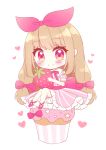  bangs bloomers blush bow closed_mouth cupcake dress eyebrows_visible_through_hair food fruit hair_bow hair_ribbon heart himetsuki_luna holding holding_food holding_fruit light_brown_hair long_hair original pink_bow pink_dress pink_eyes pink_footwear pink_ribbon puffy_short_sleeves puffy_sleeves ribbon short_sleeves simple_background sitting smile solo strawberry striped underwear vertical-striped_dress vertical_stripes very_long_hair white_background white_bloomers 