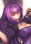 absurdres bangs breasts cleavage commentary_request dress eyebrows_visible_through_hair fate/grand_order fate_(series) hair_between_eyes headpiece highres jewelry large_breasts long_hair looking_at_viewer purple_dress purple_hair red_eyes scathach_(fate)_(all) scathach_skadi_(fate/grand_order) solo srsojiro tiara upper_body 