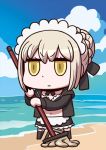  april_fools artoria_pendragon_(all) artoria_pendragon_(swimsuit_rider_alter) beach blonde_hair blue_sky chibi cloud day fate/grand_order fate_(series) holding holding_mop maid_headdress mop navel official_art riyo_(lyomsnpmp) sky solo water yellow_eyes 