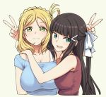  :3 arm_around_shoulder bangs black_hair blonde_hair blunt_bangs braid breast_press breasts brown_hair cleavage commentary french_braid green_eyes hair_ornament hairclip half_updo kurosawa_dia large_breasts long_hair looking_at_viewer love_live! love_live!_sunshine!! medium_hair mole mole_under_mouth multiple_girls ohara_mari one_side_up pas_(paxiti) sidelocks simple_background smile upper_body v 