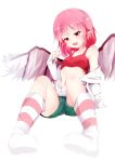  absurdres bare_shoulders blush breasts collarbone eyebrows_visible_through_hair highres huaimeng looking_at_viewer mystia_lorelei navel open_mouth pink_eyes pink_hair pink_legwear pointy_ears short_hair small_breasts socks solo striped striped_legwear touhou white_legwear wings 