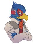  2018 anthro avian bird clothing falco_lombardi hi_res male nintendo pterro signature simple_background solo star_fox video_games 