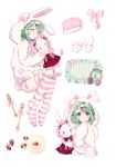  absurdres animal_ears animal_hood aqua_hair blush blush_stickers bonnet bow bunny_hood bunny_tail checkerboard_cookie closed_eyes cookie doily fake_animal_ears food fork frilled_pillow frills fruit fur hair_ornament hand_on_own_chin headphones highres holding holding_stuffed_animal hood long_sleeves multiple_views no_shoes original pajamas paw_print pillow pink_bow red_eyes simple_background sleep_mask sleeping slippers spoon strawberry striped striped_legwear stuffed_animal stuffed_bunny stuffed_toy tail thighhighs wavy_mouth white_background x_hair_ornament yuzhi 