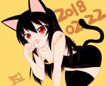  alternate_eye_color animal_ears arm_support artist_name bangs black_dress black_hair black_legwear cat_ears cat_tail collarbone commentary dated dress eyebrows_visible_through_hair fang fujimaru_arikui girls_und_panzer kemonomimi_mode kneeling leaning_forward light_smile long_hair looking_at_viewer microdress open_mouth paw_pose red_eyes reizei_mako signature simple_background skindentation solo spaghetti_strap strap_slip tail thighhighs yellow_background 