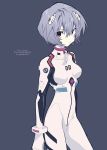  absurdres ayanami_rei bodysuit character_name closed_mouth commentary copyright_name cowboy_shot eyebrows_visible_through_hair eyes_visible_through_hair grey_hair hair_between_eyes headgear highres looking_at_viewer mochizuki_kei neon_genesis_evangelion pilot_suit plugsuit red_eyes short_hair solo standing white_bodysuit 