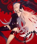  android arms_up blue_eyes breasts elbow_gloves gears gloves hair_between_eyes halter_top halterneck highres holding holding_weapon huge_weapon light_smile long_hair medium_breasts mismatched_legwear nier_(series) nier_automata pullssack red_background robot_joints shorts silver_hair solo sword weapon yorha_type_a_no._2 