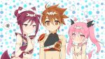  2girls :t ? armor bikini_armor blush breasts brown_eyes brown_hair carrie_alberta cleavage demon_girl emelia_pris fingerless_gloves gloves hair_bun large_breasts midriff multiple_girls pink_eyes pink_hair pop-up_story red_hair selim_spark speech_bubble spoken_squiggle squiggle succubus twintails wings yaka_(ir_mc8a) 