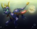  2018 bubble claws digital_media_(artwork) dragon duo feral hi_res horn male momomistress purple_eyes sparx spyro spyro_the_dragon swimming toe_claws underwater video_games water wings 