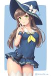  anchor_hat_ornament bow breasts brown_hair commentary_request green_eyes hat hat_bow index_finger_raised long_hair medium_breasts neckerchief one-piece_swimsuit original ribbon sailor_collar sasaame signature skirt smile swimsuit thighhighs twitter_username white_sailor_collar witch_hat wrist_cuffs yellow_neckwear 